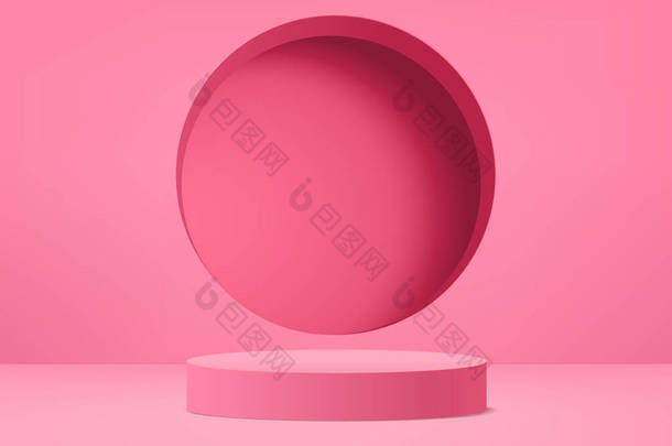 抽象粉红色彩构图，3D渲染，3D插图，背景造型3D粉色与讲台和最小橙色<strong>墙</strong>场景，3D造型抽象几何形状粉色彩绘。现代网站颁奖舞台.