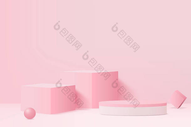 抽象粉红色彩构图，3D<strong>渲染</strong>，3D插图，背景造型3D粉色与讲台和最小橙色墙场景，3D造型抽象几何形状粉色彩绘。现代网站颁奖舞台.