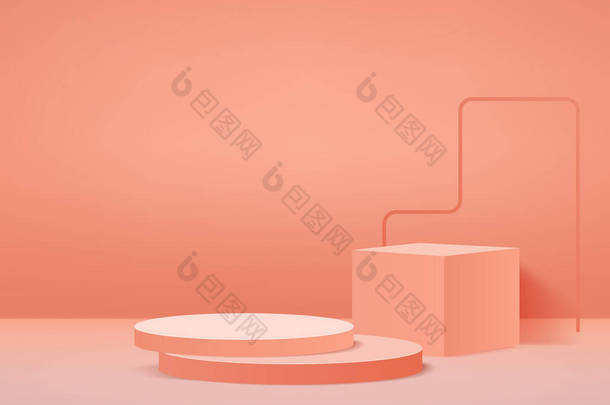 三维图形渲染橙色抽象几何背景或纹理.明亮的彩绘讲台或底座背景。空白最小设计平台的概念。现代网站颁奖典礼的舞台.