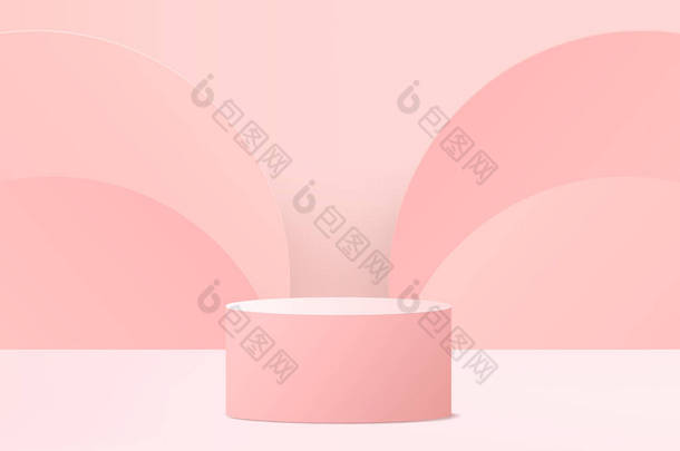 背景3D粉色渲染与讲台和最小的粉红色墙壁场景，最小的抽象背景3D渲染抽象几何形状粉色彩绘。现代网站颁奖舞台.