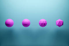 3D单色粉色和蓝色插图：一排有很多脸的有翼的球。单列几何图形.