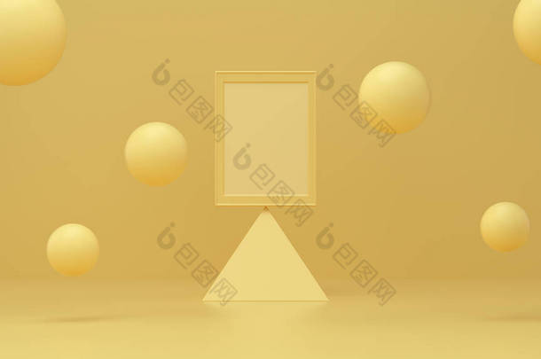 镜框讲台上的<strong>金字</strong>塔与泡沫漂浮在工作室的灰黄的颜色。最小几何工作室形状抽象背景。悬浮<strong>粒子</strong>3D渲染.