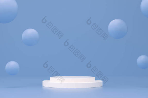 粒子漂浮在工作室中心的圆柱状讲台上。底色淡蓝色。最小几何工作室形状抽象。推出产品概念。3d渲染.