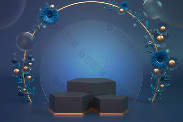 3D渲染经典蓝色讲台背景化妆品或其他物品。3D对象显示背景装饰花卉.