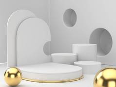 背景清晰的白色金基座讲台的三维渲染，美的化妆品的抽象最小平台空白空间，清洁的设计奢华的最小平台圆形立柱场景,