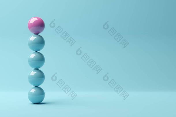 蓝底蓝球堆叠在一起的粉色球体，抽象现代极小的成功、成长、进步或成就概念，3D图解