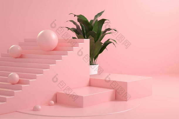 具有植物背景的粉红底座形正方形柱状柱状柱体3D渲染