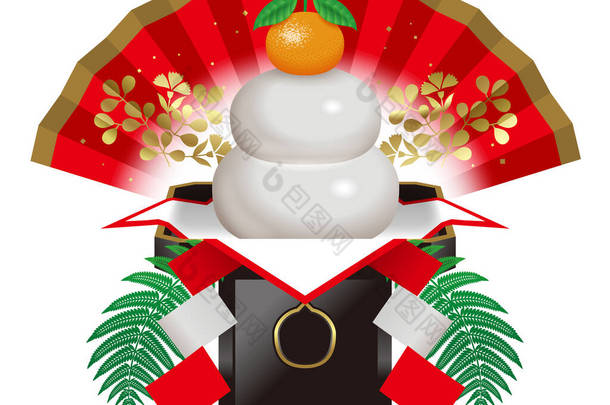卡加米 · 莫奇的例证。日本新年装饰品。米糕神道是一种圆形的、扁平的米糕，在新年等场合送给神道和佛神.