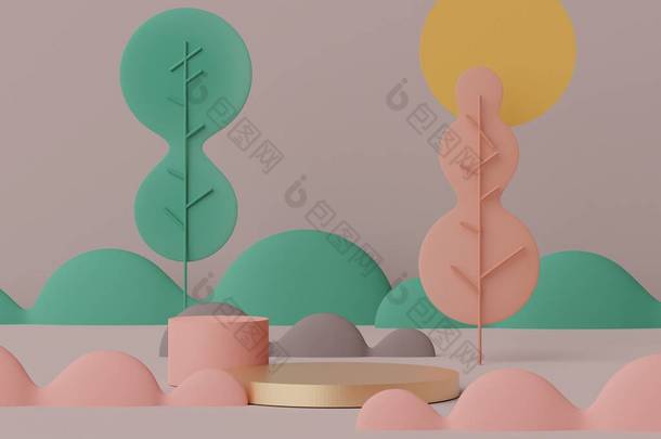 3D几何图形。珊瑚粉颜色的软糖。时尚以树木和草原为主题展示舞台基座.产品展示的最小场景。化妆品广告的背景摘要.