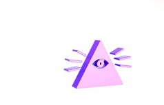 紫色共济会标志着上帝的全视之眼，象征着与白色背景隔离的象征。在三角形中的天眼。最低纲领的概念。3D渲染3D插图