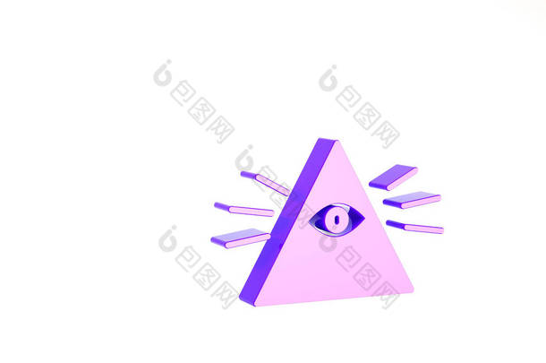 紫色共济会标志着上帝的全视之<strong>眼</strong>，象征着与白色<strong>背景</strong>隔离的象征。在三角形中的天<strong>眼</strong>。最低纲领的概念。3D渲染3D插图