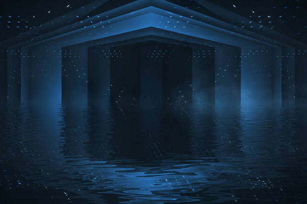 在水中反射霓虹灯的夜景。液体，水坑，洪水。霓虹灯的光环和线条。现代抽象，夜景。光霓虹灯效应，暗抽象背景下的能量波.