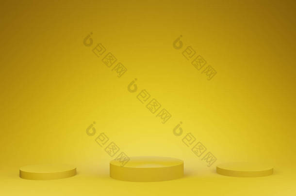 黄色的金光闪闪的演播室,座落在地板内部的讲台上.背景说明墙纸。设计产品演示。3D渲染.  