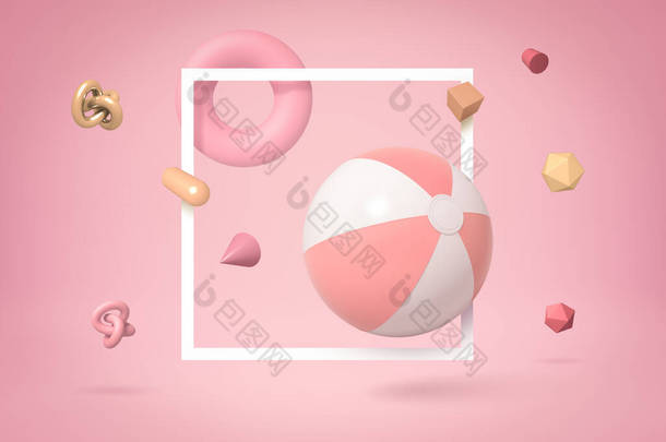 三维渲染带条纹的粉色和白色海滩球漂浮在粉红色背景的正方形白色框架上，许多几何物体在周围飞舞.