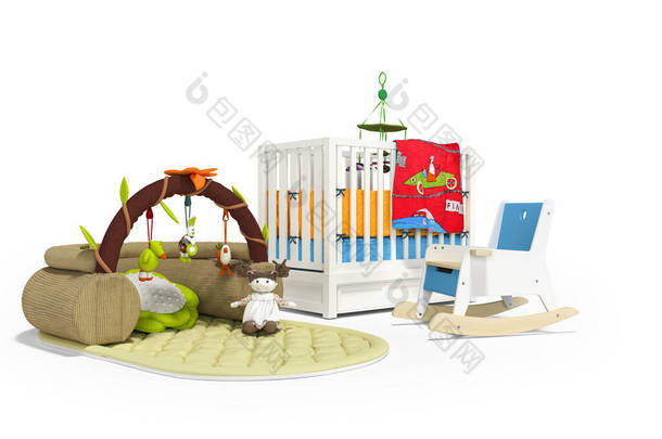带玩具的玩具垫子和白色<strong>靠背</strong>、有阴影的木制椅子为儿童铺<strong>床</strong>