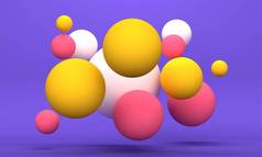 欢快的抽象背景，在淡紫色背景上飞舞着彩色的球体。3d渲染