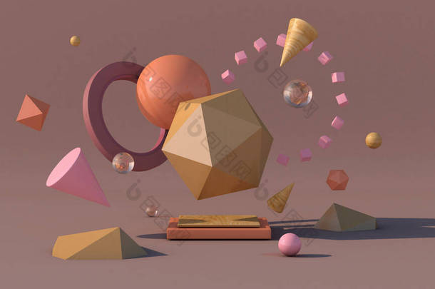 Beige, pink, orange geometric shapes. Abstract illustration, 3d rendering.	