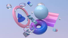 蓝色，粉色，紫色几何形状。摘要说明，3D渲染.