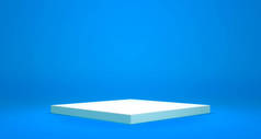 蓝色背景上的空讲台或底座展示，带有立柱概念，空白产品架，立柱背景3D渲染