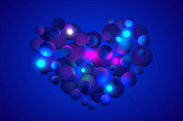 3D粉色蓝光发光球心形蓝光背景。摘要三维孤立绘制概念情人节.