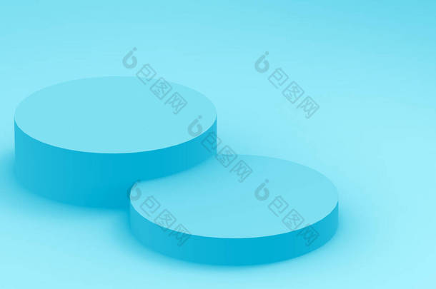 3D蓝色圆筒讲台最小工作室背景。摘要三维几何形体图解绘制.医药产品的展示