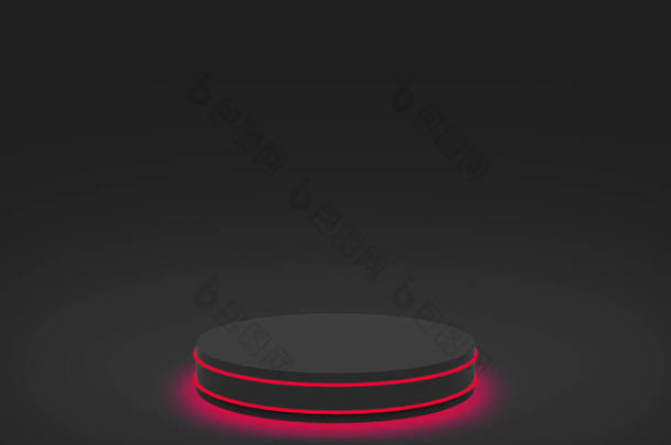 3D红色霓虹灯与黑色<strong>圆柱</strong>形讲台最小工作室黑色<strong>背景</strong>。摘要三维几何形体图解绘制.技术和商业游戏产品的展示.