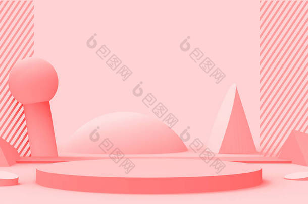 3D粉色圆柱形讲台现代最小设计工作室背景。摘要三维几何形体图解绘制.情人节产品的展示.