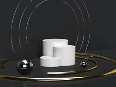 三维渲染空的白色圆柱体，带有银、金戒指和金属球的深色底座.