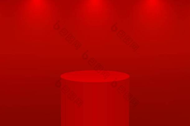现实的3D红色平台用于产品展示。红色背景下工作室照明的圆形基座或平台.