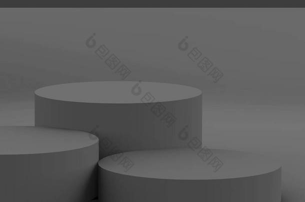 3D灰色圆柱形讲台最小工作室背景。摘要三维<strong>几何形</strong>体图解绘制.商业产品的展示.