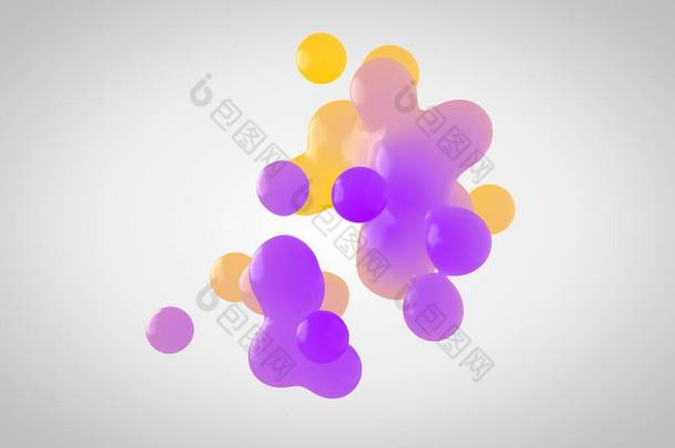 紫色-黄色塑料皮球在3d 。小滴从液体球体中分离出来，并在白色的背景上连接在一起。液态分子在3d中衰变.