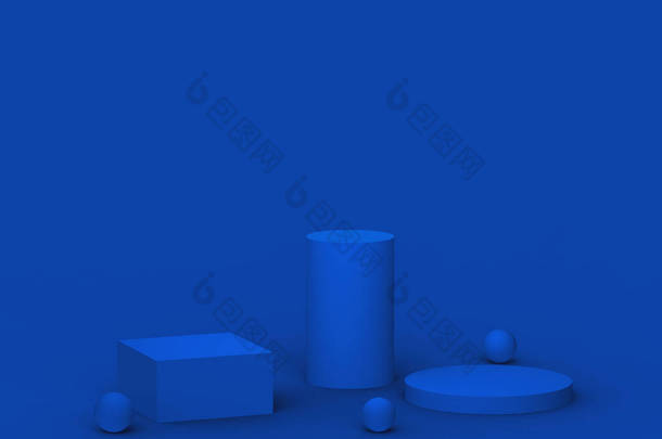 3D蓝领台现代最小设计工作室背景。摘要三维几何形体图解绘制.情人节产品的展示.