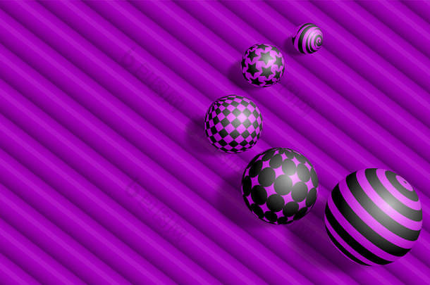 3D球抽象背景。粉色线条，圆圈，正方形，星星