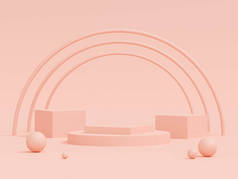 粉红背景上带有几何形状讲台的彩色彩绘场景，3D渲染