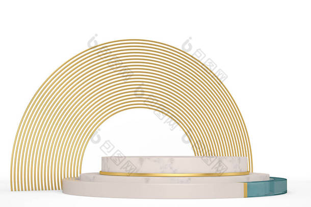 大理石产品展台和白色背景的圆形框架隔离。3D插图.