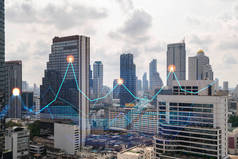 金融类股图全息图,俯瞰曼谷全景,商务中心在亚洲.国际交易的概念。加倍暴露.