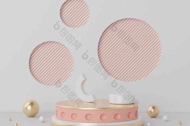 3D渲染珊瑚粉红的空Podium 。用干净设计的空白底座和店面。产品展示的最小场景。化妆品广告的背景摘要.