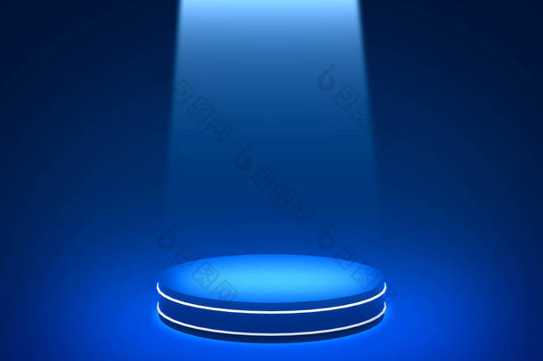 3D蓝光霓虹灯圆柱形讲台最小工作室黑暗背景。摘要三维几何形体图解绘制.技术电子产品的展示.