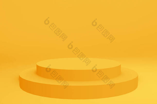 3D黄色圆筒讲台最小工作室背景。摘要三维<strong>几何形</strong>体图解绘制.夏季假日产品的展示.