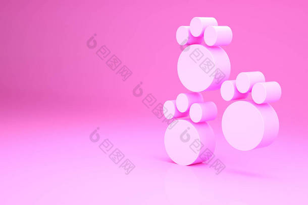 粉红爪子印刷图标孤立在粉红色的背景.狗爪或猫爪印。动物的踪迹最低纲领的概念。3D渲染3D插图