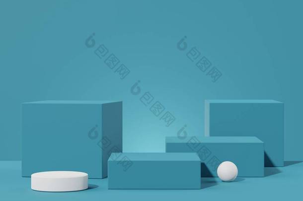 三维渲染蓝色白色的空盒子Podium 。用干净<strong>设计</strong>的空白底座和<strong>店面</strong>。产品展示的最小场景。化妆品广告的背景摘要.