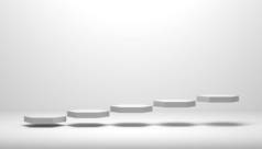 3D渲染白色的六边形台阶悬挂在空气中。白色背景的楼梯