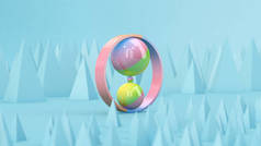 五彩缤纷的球和戒指蓝色背景。色彩艳丽。摘要说明，3D渲染.