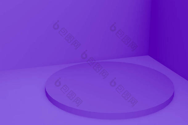 3D紫色圆柱形讲台最小工作室背景。摘要三维几何<strong>形体</strong>图解绘制.化妆品香水时尚产品的展示.