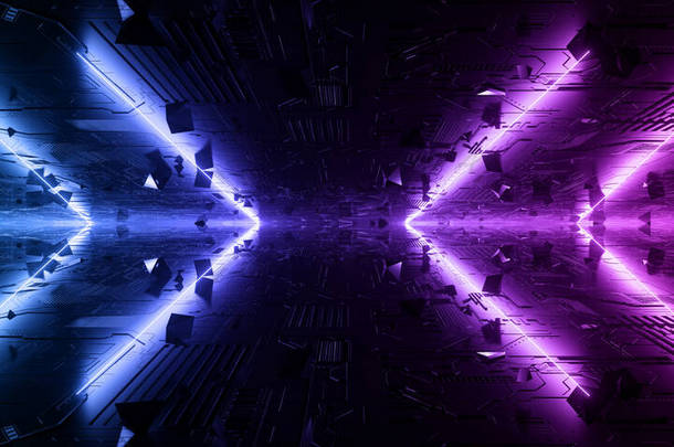 ScFi Futuristic Neon laser Blue Purple Vibrant Glowing Lights Dark Night on Schematic Textured Metal