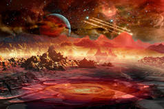 宇宙飞船在遥远的太阳系红色行星上方的太空中.美国航天局提供的这一图像的要素.
