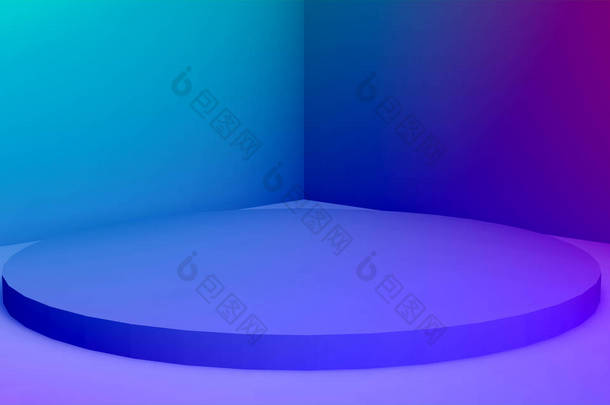 3D紫色霓虹灯台最小演播室渐变暗色背景。摘要三维几何形体图解绘制.为夜总会派对及科技产品展示.