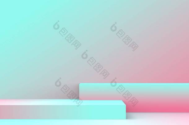 3D蓝色粉红立方体渐变的颜色在柔和的胶水最小的场景角落工作室背景。摘要三维<strong>几何形</strong>体图解绘制.夏季假日产品的展示.