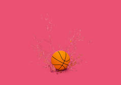粉红背景水花篮球水滴的三维渲染- -体育的三维极小概念