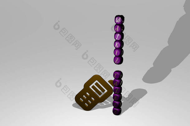 垂直对讲机的3D图形图像，以及从顶部用金属立方体字母围绕图标构建的文本。非常好的概念演示和幻灯片.